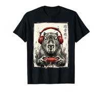 Gamer Capybara Indossare Rosso Cuffie Giapponese Nerd Giappone Maglietta