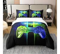 Gamer, copripiumino 100% cotone, con cerniera singola, controller per videogiochi, biancheria da letto, decorazione per videogiochi, colore blu foglia di tè, set di biancheria da letto, 100% cotone,