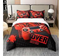 Gamer, copripiumino 100% cotone, per letto singolo, con cerniera, colore rosso e nero, set di biancheria da letto per videogiochi, biancheria da letto, 100% cotone, moderno, con cuffie, morbido set d