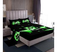 Gamer Lenzuolo con angoli per ragazzi ragazze ragazzi, set di lenzuola per videogiochi,lenzuola per videogiochi,nero,verde,Galaxy Action con bottoni e 1 lenzuolo con angoli +1 federa singolo