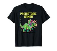 Gamer Preistorico Dino Pixel Cuffie Retro Stile Maglietta