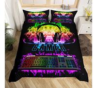 Gamer Set di biancheria da letto da gioco copripiumino per bambini e ragazzi, per videogiochi, cuffie e consolatore, motivo fiamma colorata controller di gioco, copriletto, 2 pezzi, taglia singola