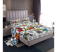 Gamer - Set di lenzuola con angoli per videogiochi, per ragazzi, ragazzi, ragazze, bambini, graffiti colorati, gamepad e cuffie, set di biancheria da letto per macchina da gioco arcade, taglia unica,