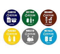 GamesMonkey® - Adesivi Raccolta Differenziata Cerchio Ricliclo Rifiuti Spazzatura v2 - Impermeabili Lavabili Illustrato - Italiano Inglese - Conformi alla normativa UNI 11686 (11,5x11,5, 6 Pezzi)