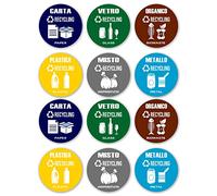 GamesMonkey® - Adesivi Raccolta Differenziata Cerchio Ricliclo Rifiuti Spazzatura v2 - Impermeabili Lavabili Illustrato - Italiano Inglese - Conformi alla normativa UNI 11686 (8,5x8,5, 12 Pezzi)