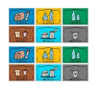 GamesMonkey® - Adesivi Raccolta Differenziata Piccoli Ricliclo Rifiuti Spazzatura v2 - Impermeabili Lavabili Divertenti Bambini - Italiano Inglese - Conformi alla UNI 11686 (15,0 x 10,0 cm, 12 Pezzi)
