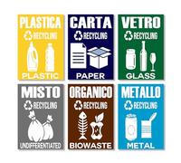 GamesMonkey® - Adesivi Raccolta Differenziata Ricliclo Rifiuti Spazzatura v2 - Impermeabili Lavabili Illustrato - Italiano Inglese - Conformi alla normativa UNI 11686 (6 Pezzi, 15x21 cm - A5)