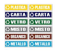 GamesMonkey® - Adesivi Raccolta Differenziata Ricliclo Rifiuti Spazzatura v4 - Impermeabili Lavabili Illustrato - Italiano Inglese - Conformi alla normativa UNI 11686 (15x4 cm, 12 Pezzi)