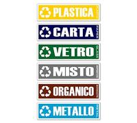 GamesMonkey® - Adesivi Raccolta Differenziata Ricliclo Rifiuti Spazzatura v4 - Impermeabili Lavabili Illustrato - Italiano Inglese - Conformi alla normativa UNI 11686 (20x6 cm, 6 Pezzi)