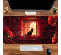 Gaming Mouse Mat Red Flower Cat, Large mouse Pad 800x400mm Thickness 3MM, Improved Precision and Speed, Non-Slip Base Mousepad with Stitched Edges for Gaming, Office & Home