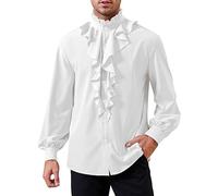 GAMISOTE Camicia da uomo medievale a maniche lunghe, con volant da pirata, in stile Renaissance gotico, Steampunk, costume, bianco, XXL