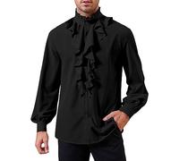 GAMISOTE Camicia medievale da uomo, a maniche lunghe, da pirata, per il rinascimento gotico, costume da steampunk, Nero , L