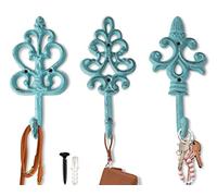 Ganci decorativi da parete in ghisa, stile rustico, stile shabby francese, grandi ganci decorativi, set da 3, viti e tasselli per il montaggio inclusi, colore: blu