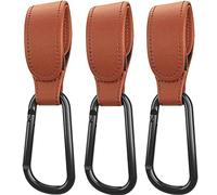 Ganci per Passeggino, Set 3 Pezzi Pelle Ganci Carrozzina, Appendi la spesa & le borse in tutta sicurezza sulla tua Carrozzina o sul Passeggino o Bici, Taglia universale, Moschettoni Alluminio -Marrone