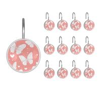 Ganci per tenda da doccia con farfalle bianche e cuori e pois con sfondo rosa, 12 ganci per tenda da doccia in acciaio inox, anelli per tende da bagno e camera da letto