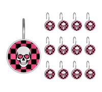 Ganci per tenda da doccia con teschi e cuori neri e rosa a scacchi, antiruggine, in acciaio inox, per tende da bagno, confezione da 12