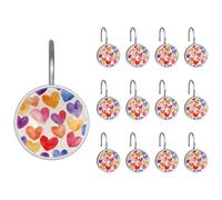 Ganci per tenda da doccia in acciaio inox con motivo a cuori colorati e acquerelli, antiruggine, per tende da bagno, confezione da 12