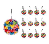 Ganci per tenda da doccia in acciaio inox con motivo a cuori colorati e acquerelli, per tende da bagno, confezione da 12