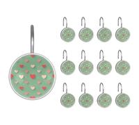 Ganci per tenda da doccia in acciaio inox, con motivo a cuori in fondo verde salvia, antiruggine, per tende da bagno, confezione da 12