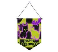 Gancio per banner giallo fluorescente a scacchi Halloween gatto nero per parete con asta telescopica banner per feste per esterni da appendere alla parete decorazioni per feste per festival e giorni