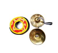 Gandhanra Set di Campane Tibetana Tingsha Tibetano - Cimbali Piatti Piattini da dita Tibetani - Fatti a Mano in Nepal - Ottone, Astamangal, 6,5 cm