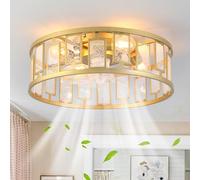 Ganeed Ventilatore da soffitto a gabbia con luci in stile casale in cristallo Illuminazione da soffitto a basso profilo E27 con telecomando quadrato dorato 4 luci