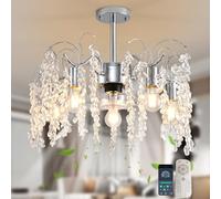 Ganeed Ventilatore da soffitto Cristallo con Luci e Telecomando Lampadario Moderno Lampada a Sospensione 6 Velocità Vento per Camera da Letto Cucina Soggiorno Foglia di Salice 4 Luci