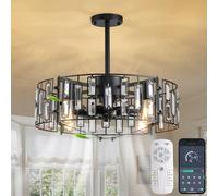 Ganeed Ventilatore da Soffitto Fandelier con Luci Lampada a Sospensione in Cristallo 50 cm Lampadario Moderno 6 Velocità del Vento con Telecomando per Camera da Letto Nero 4 Luci