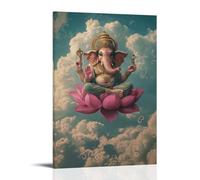 Ganesha si siede su un loto rosa che galleggia nel cielo, le nuvole sotto formando mantra con ogni turbinio. Decorazione murale moderna da appendere poster artistico da appendere 20 x 30 cm