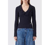 GANNI Maglia slim fit in lana a coste con scollo a V e logo Butterfly S Blue