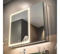 GANPE Armadietto da bagno con specchio per medicinali illuminato a LED, anti-appannamento, modalità a 3 colori, dimmerabile, mensole, prese e USB (70 x 75 cm)