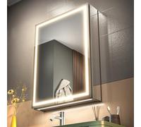 GANPE Specchio da bagno illuminato a LED con porta singola, defog, oscuramento continuo, memoria 3 colori, scaffali di archiviazione, prese e USB (50 x 70 cm)