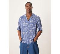 GANT - Camicia a maniche corte con colletto rever blu medio con stampa di isola e logo 52