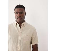GANT - Camicia in cotone e lino beige a maniche corte con logo a scudo-Neutro 50