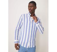 GANT - Camicia in cotone e lino blu medio a righe con logo a scudo 56