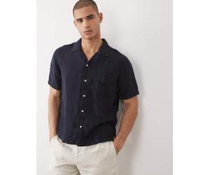GANT - Camicia in lino blu navy tinta in capo con colletto aperto 56