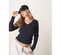 GANT - Maglione lavorato a trecce in cotone color blu navy con scollo a V e logo XXS