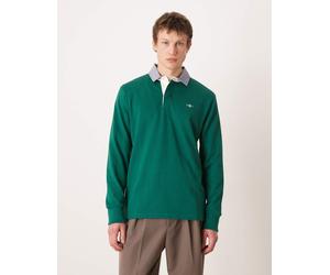 Gant - Top stile rugby pesante verde bosco con logo e colletto a contrasto 52