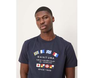 GANT - USA - T-shirt blu navy con stampa del logo e di bandiere 50