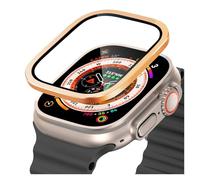 GANYUU Telaio in metallo titanio per Apple Watch Ultra 2 49mm Accessori Pellicola antigraffio in vetro temperato per custodia per schermo serie Ultra(Gold)