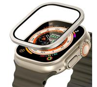 GANYUU Vetro temperato per Apple Watch Ultra 49mm Pellicola antigraffio con struttura in metallo titanio per accessori proteggi schermo serie Ultra 2(Silver 1)