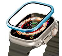 GANYUU Vetro temperato per Apple Watch Ultra 49mm Pellicola antigraffio con struttura in metallo titanio per accessori proteggi schermo serie Ultra 2(Blue 4)