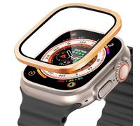 GANYUU Vetro temperato per Apple Watch Ultra 49mm Pellicola antigraffio con struttura in metallo titanio per accessori proteggi schermo serie Ultra 2(Gold 3)