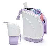 GAOCHY 2 in 1 Astuccio per Matite in Piedi, Portapenne Telescopico, Astuccio per Cancelleria, Ampio Sacchetto per Scuola Studenti Ufficio Donne Adolescenti Ragazze Ragazzi (Viola e Bianco Cenere)