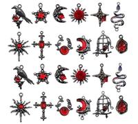 Gaodercha 24 ciondoli a forma di stella rossa gotica con luna, vintage, in metallo grigio argento, rosso, in lega gotica, strass, per braccialetti fai da te, collane, orecchini, decorazioni per la