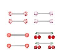 Gaodercha 4 paia di piercing per capezzoli a forma di ciliegia, in acciaio inox, serie rossa, con sfere glitterate, gioielli per lingua, capezzoli, piercing per il corpo a ferro di cavallo, gioielli