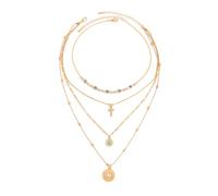 Gaodercha Cross-layer Clavicle Chain Imitation Turquoise Hollow Lotus Pendant Necklace Gold Color Copper Alloy Material Necklace For Daily Wear Party Outfits