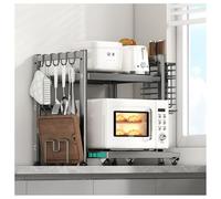 GAOHONGMEI Supporto per forno a microonde da cucina con ruote - Supporto di stoccaggio regolabile con ganci e rulli per spezie, pane, tostapane, macchina per il caffè, organizer da banco(Grey,2-Tier)