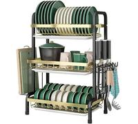 GAOJUNAN Scolapiatti Stabile Scaffale Di Scarico Per Scolapiatti E Scolapiatti Da Cucina In Acciaio Al Carbonio A 3 Livelli Scaffale Per Coltelli E Bacchette Moderno Organizzatore da Cucina(Black)