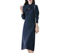 GaoLeAve Abito in lana cinese con risvolto obliquo e tre bottoni donna autunno inverno lungo abito lavorato a maglia collo alto abito qipao lavorato a maglia, Navy9 Blue, L